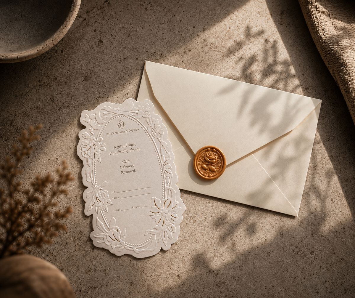 MOJO Massage & Day Spa gift card with embossed floral border and gold wax seal envelope